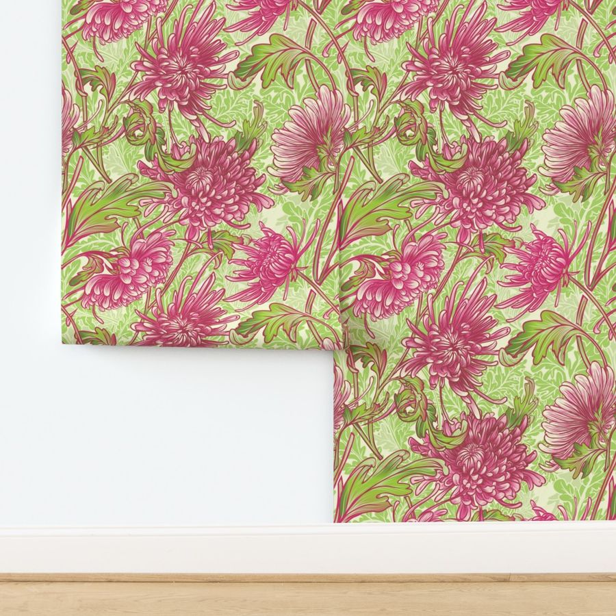 Chrysanthemum Nouveau: Hot Pink & Lime Green Arts and Crafts, William Morris Inspired Wallpaper & Upholstery, Floral, Flower, Party Wall 