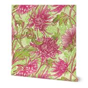 Chrysanthemum Nouveau: Hot Pink & Lime Green Arts and Crafts, William Morris Inspired Wallpaper & Upholstery, Floral, Flower, Party Wall 