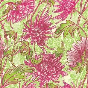 Chrysanthemum Nouveau: Hot Pink & Lime Green Arts and Crafts, William Morris Inspired Wallpaper & Upholstery, Floral, Flower, Party Wall 