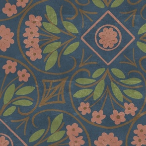 pink flower tiles on blue, large scale
