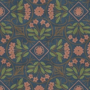 pink flower tiles on blue, small scale