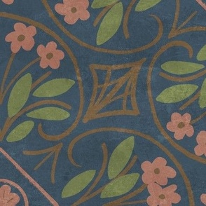 pink flower tiles on blue, medium scale