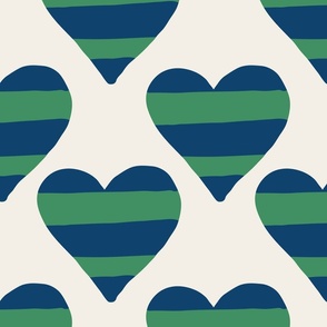 Medium - bright colorful heart print with green and navy stripes.