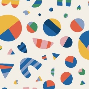 Large - colourful shapes on white, circles, hearts, abstract shapes