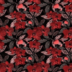 Red orchid flowers, grey leaves on a black background. Watercolor floral pattern.