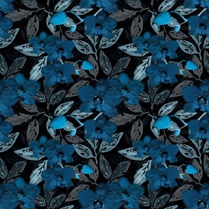 Blue orchid flowers, grey leaves on a black background. Watercolor floral pattern.