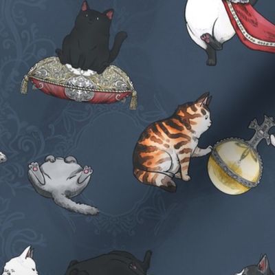 Royal Cats Tableau pattern navy background