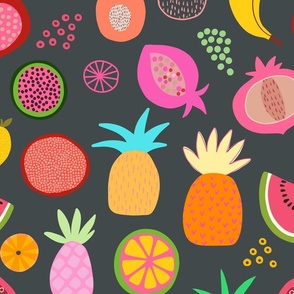 Tropical Fruit Fiesta Summer Pattern On Dark Grey Large Scale