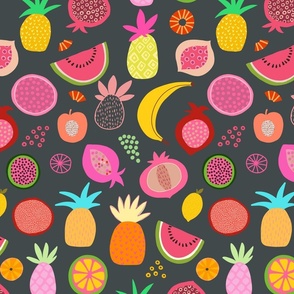 Tropical Fruit Fiesta Summer Pattern On Dark Grey Medium Scale