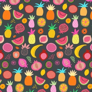 Tropical Fruit Fiesta Summer Pattern On Dark Grey Smaller Scale