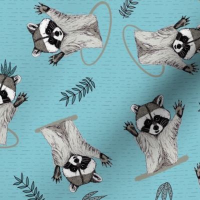 (S) Jolly Playful Raccoons in Ocean blue