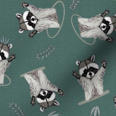 (S) Jolly Playful Raccoons in Deep Green