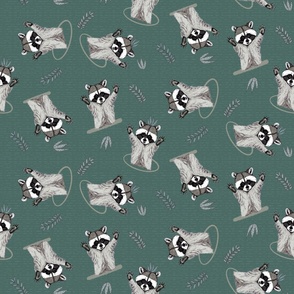 (S) Jolly Playful Raccoons in Deep Green