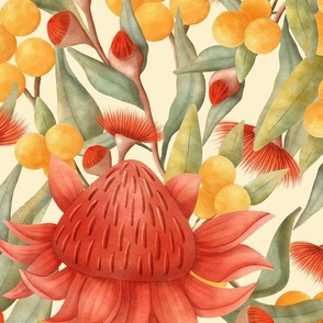 jumbo - Vibrant red and yellow Australian Botanicals on Cream