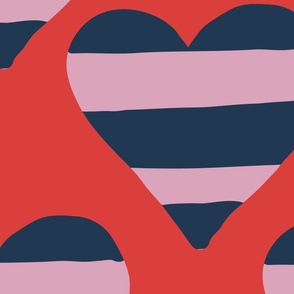Large - giant striped hearts navy, pink on red base