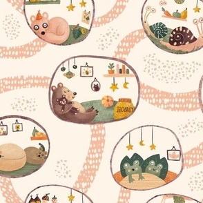 MEDIUM Sleeping Forest Animals with warm and cozy Earth tones