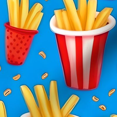 French Fries in red bowls on blue background (big scale)