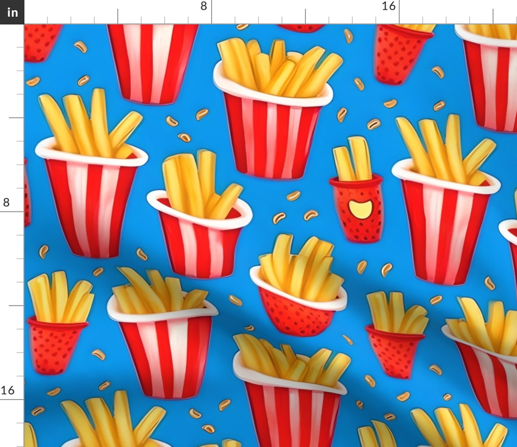 French Fries in red bowls on blue background (big scale)