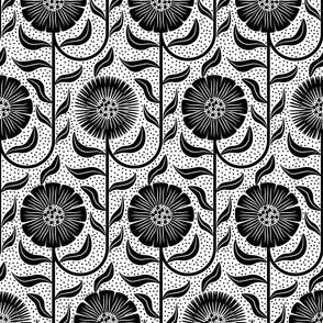 Vintage Flowers Monochrome White Black 
