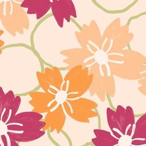 584 - jumbo large scale tossed  peach fuzz, apricot and magenta pink Sakura blossom  floral with organic background circles - for projects that require large  florals like, quilt backing, wallpaper,English style decir, curtains,pillows and romantic table 