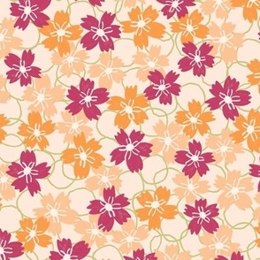 584 - mini micro ditsy peach medium scale floral with organic background circles - for projects that require small florals like patchwork, quilting ,dollhouse decor, baby accessories, hair bows