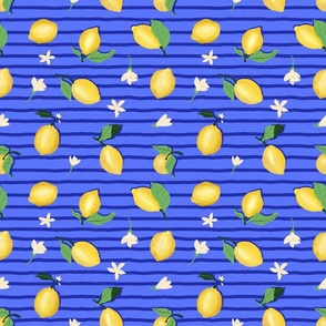 Yellow Lemons on Blue Stripes