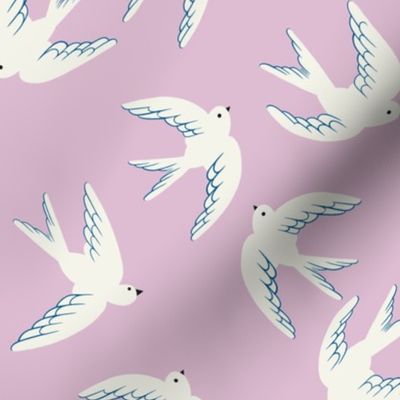 Flying Birds on Lilac Pink, Medium Scale 