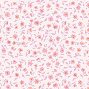 Romantic Ditsy Blossom - Boho Scandinavian style summer floral design with leaves and poppy flowers pink orange on ivory