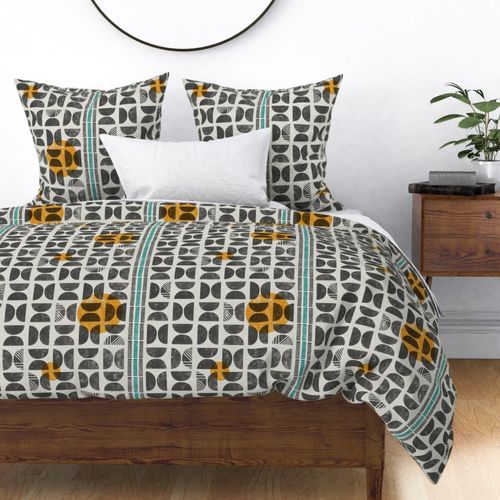 Modern Bauhaus block print in grey teal and yellow - Large