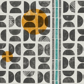 Block print in grey, teal and yellow - Large