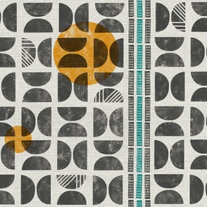 Modern Bauhaus block print in grey, teal and yellow - Large