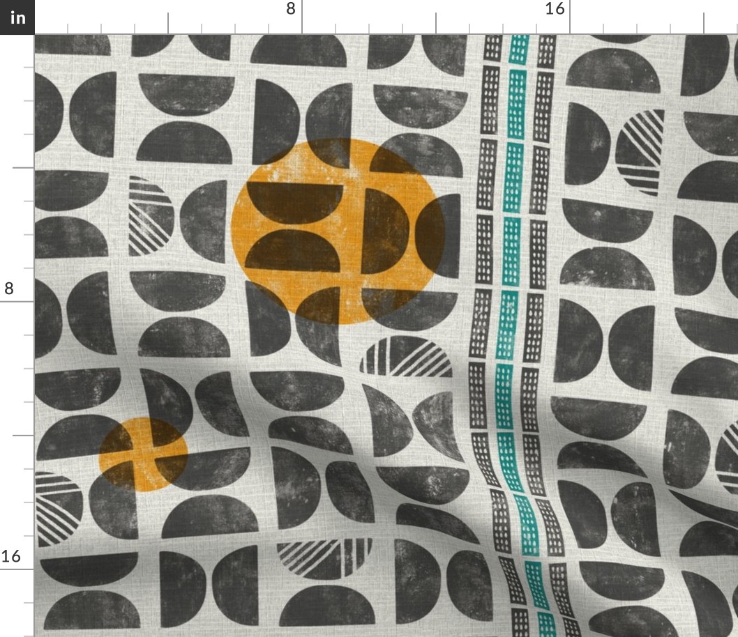 Block print in grey, teal and yellow - Large