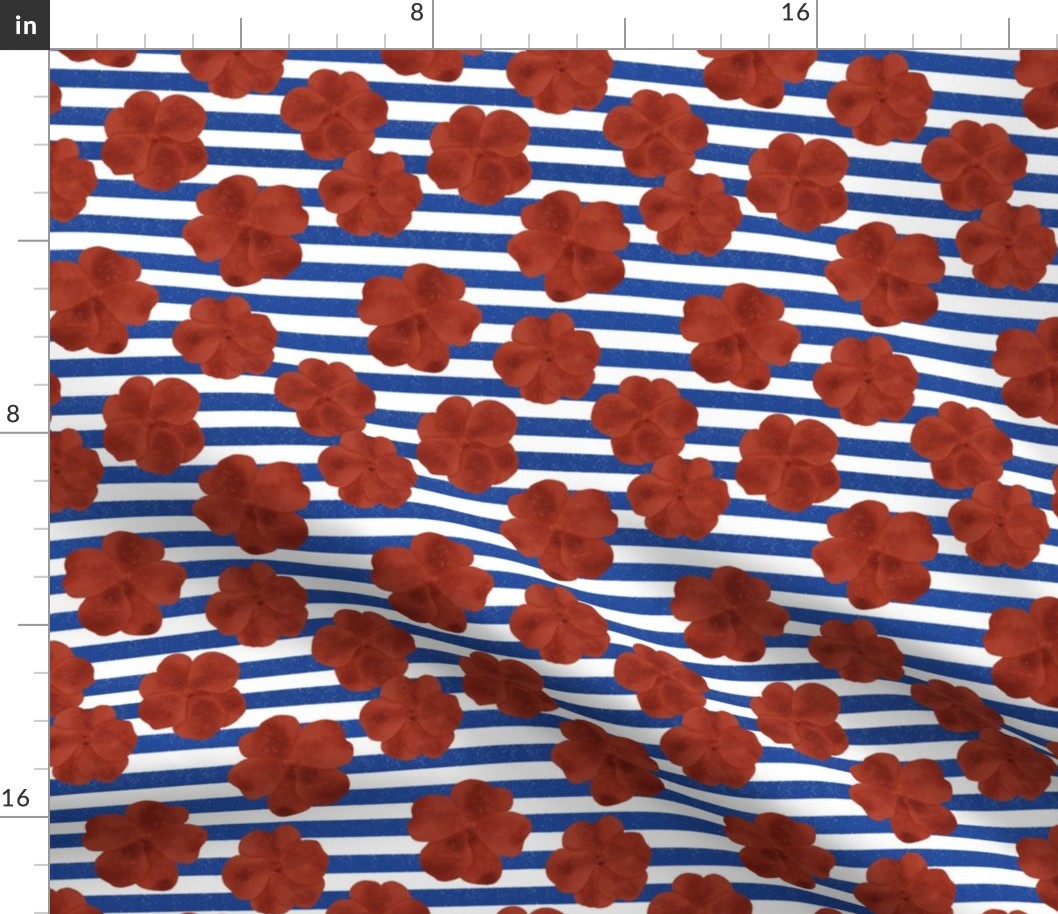 Small Red Impatients on Blue Nautical Stripes, distressed texture