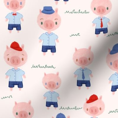 Cute Pigs in Shorts with Caps bowties and suspenders