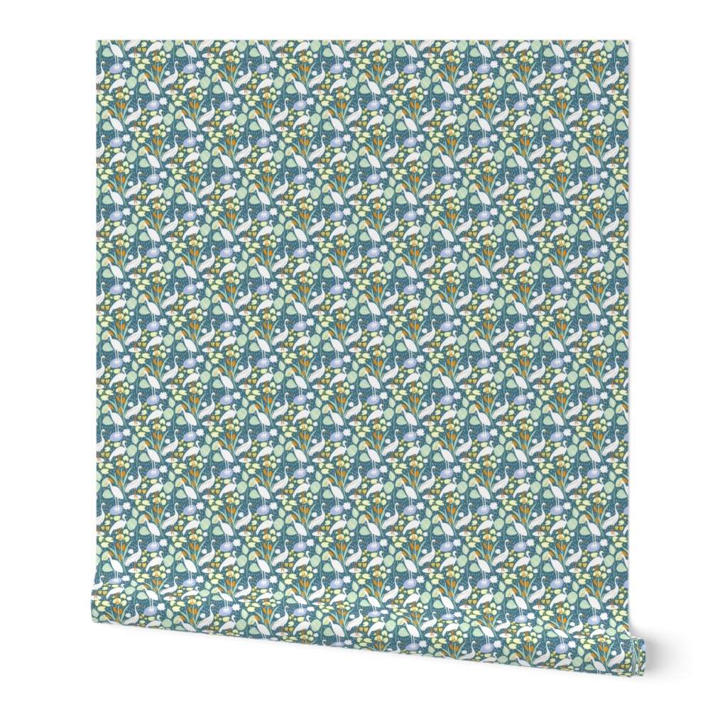 The Tale of the Lake Birds  In teal and White |  4in | tiny scale | ditsy | Birds Fabric
