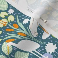 The Tale of the Lake Birds  In teal and White |  6in | extra small scale | Birds Fabric