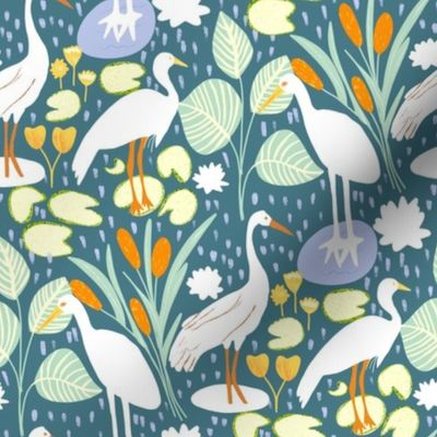 The Tale of the Lake Birds  In teal and White | 8in | small scale | birds fabrics