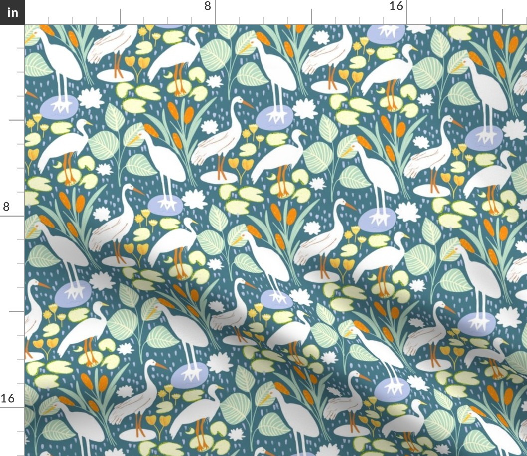 The Tale of the Lake Birds  In teal and White | 8in | small scale | birds fabrics