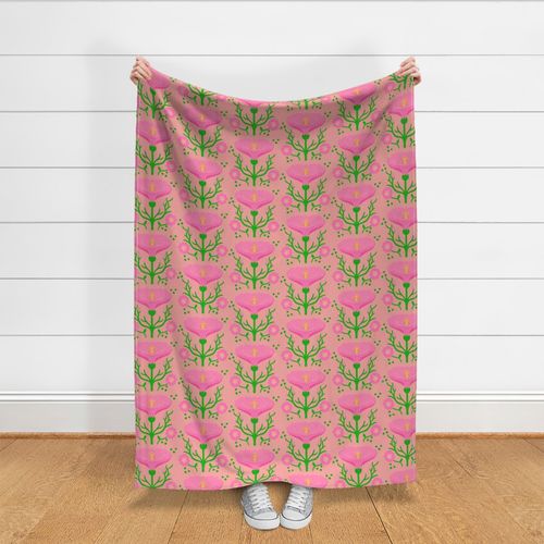 Wake Up Lily Mini Retro Modern Pink Garden Flower With Fluffy Mums On Peach Fuzz Illustrated Vertical Grandmillennial Coastal Granny Wallpaper Style Scandi Mid-Century Repeat Pattern