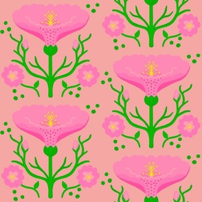 Wake Up Lily Mini Retro Modern Pink Garden Flower With Fluffy Mums On Peach Fuzz Illustrated Vertical Grandmillennial Coastal Granny Wallpaper Style Scandi Mid-Century Repeat Pattern