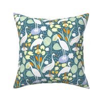 The Tale of the Lake Birds  In teal and White | 10in | medium scale | birds fabrics