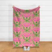 Wake Up Lily Retro Modern Pink Garden Flower With Fluffy Mums On Peach Fuzz Illustrated Vertical Grandmillennial Coastal Granny Wallpaper Style Scandi Mid-Century Repeat Pattern