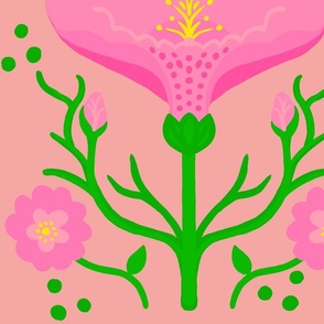 Wake Up Lily Big Retro Modern Pink Garden Flower With Fluffy Mums On Peach Fuzz Illustrated Vertical Grandmillennial Coastal Granny Wallpaper Style Scandi Mid-Century Repeat Pattern