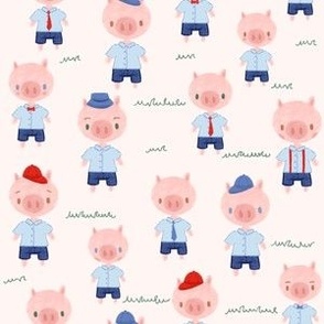Small Cute Pigs in Shorts with Caps bowties and suspenders