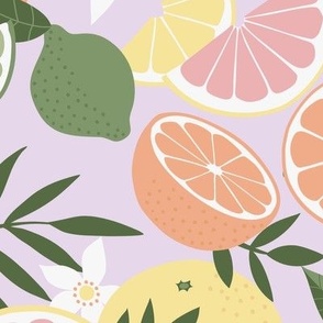 Tropical Citrus Fruits on lilac - large scale by Cecca Designs