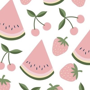 watermelon, cherries and strawberries - pink on white, medium scale by Cecca Designa