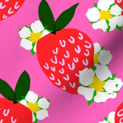 Strawberry Squared Mini Hot Pink Summer Fruit And Flowers Retro Modern Grandmillennial Garden Floral Botany Red, Green, Yellow And White Scandi Kitchen Repeat Pattern