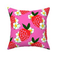 Strawberry Squared Mini Hot Pink Summer Fruit And Flowers Retro Modern Grandmillennial Garden Floral Botany Red, Green, Yellow And White Scandi Kitchen Repeat Pattern