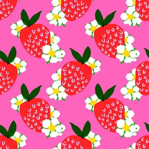 Strawberry Squared Mini Hot Pink Summer Fruit And Flowers Retro Modern Grandmillennial Garden Floral Botany Red, Green, Yellow And White Scandi Kitchen Repeat Pattern