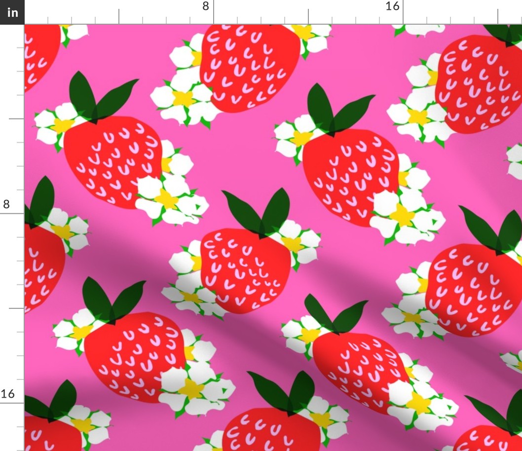 Strawberry Squared Mini Hot Pink Summer Fruit And Flowers Retro Modern Grandmillennial Garden Floral Botany Red, Green, Yellow And White Scandi Kitchen Repeat Pattern